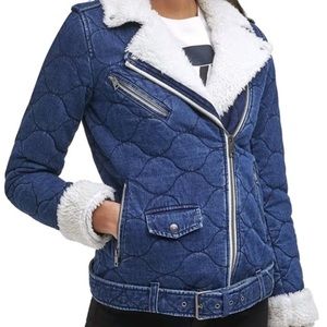 Levi’s Quilted Denim Sherpa Lined Moto Jacket Belted Acid Wash Size X-Large NWT